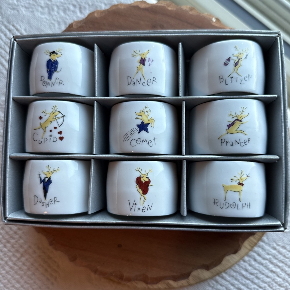 VTG Pottery Barn REINDEER Napkin Ring Set of 9 Rudolph Christmas Japan Porcelain